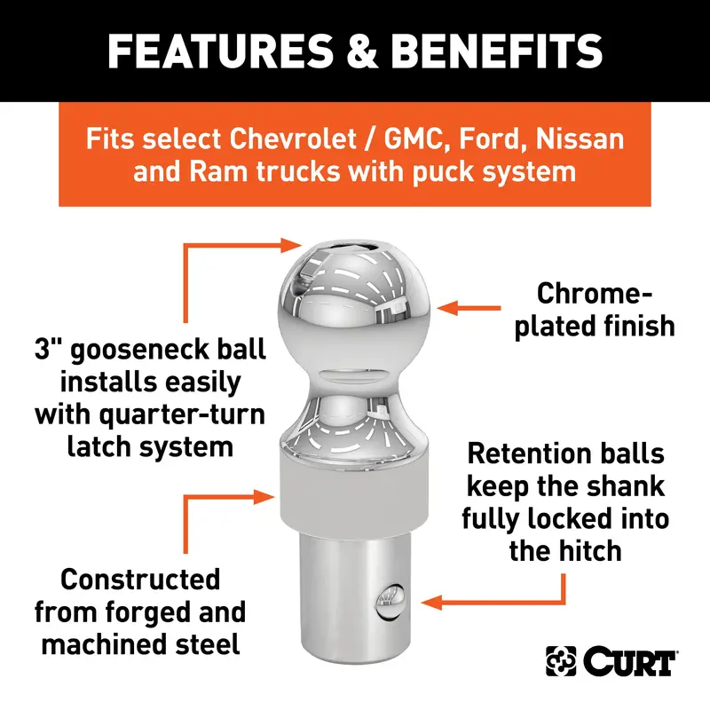 Curt 60628 Gooseneck Hitch Ball For Oem Puck Systems – 3-Inch, 30,000-Lb Capacity (Chevy, Ford, Gmc, Nissan, Ram) 1